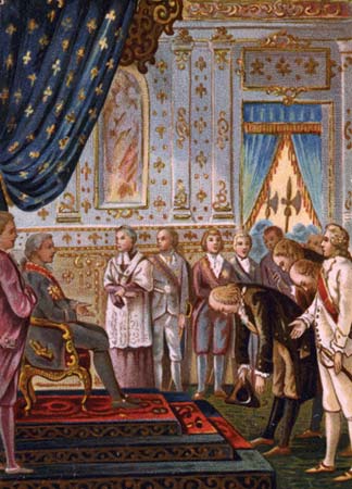 Первая аудиенция Б.Франклина у французского короля Людовика XVI в Версале 20 марта 1778. Фотолитография